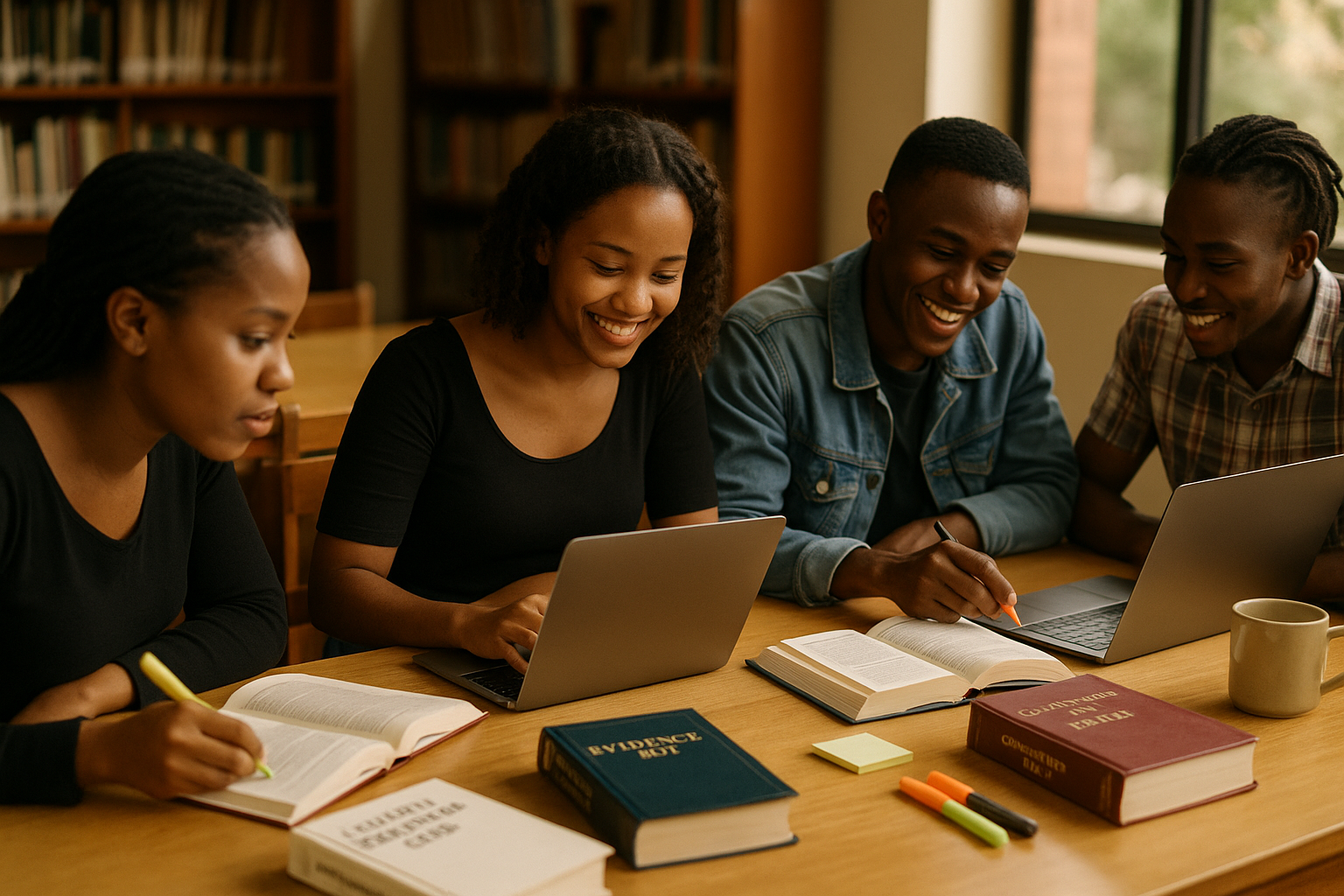 Kenyan law students collaborating at a campus library table