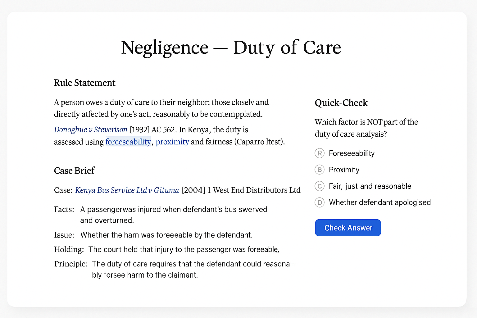 Lesson screen with quick checks and case summary