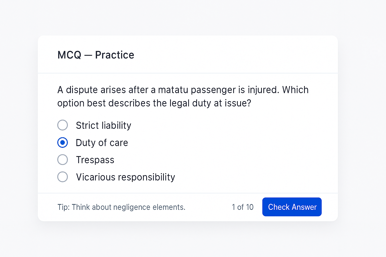 Exam-style question card interface